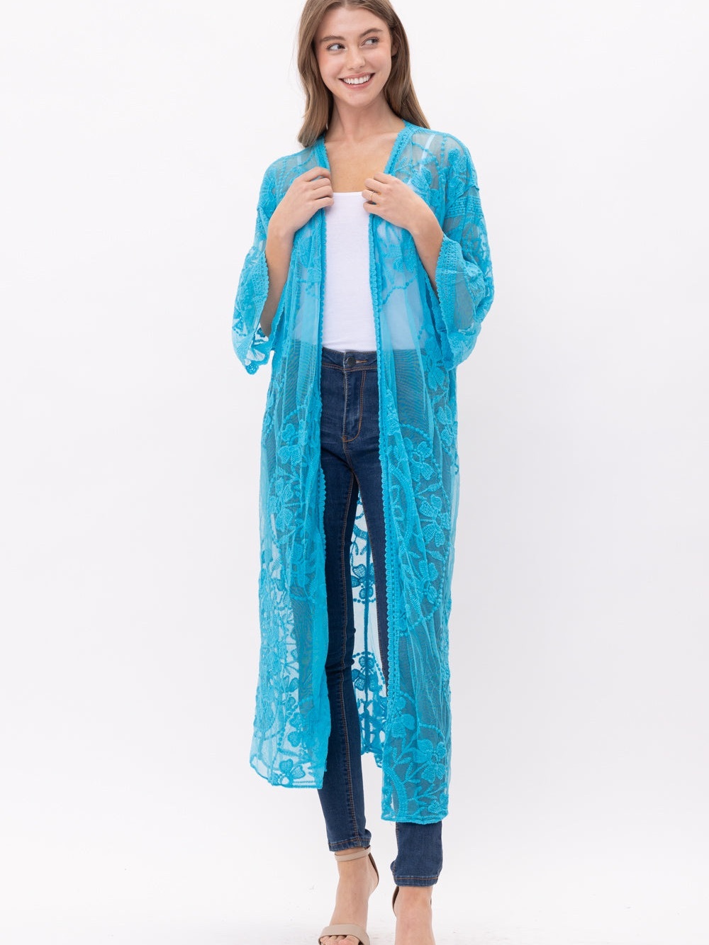 Raj Turquoise Sheer Lace Swim Coverup Kimono